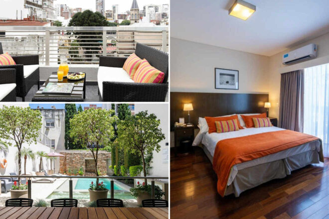 a collage of three hotel photos: room balcony, outdoor pool, and bedroom