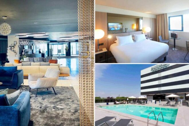 A collage of three photos of hotels to stay in Bordeaux-Lac: hotel lounge area, hotel bedroom, and outdoor pool