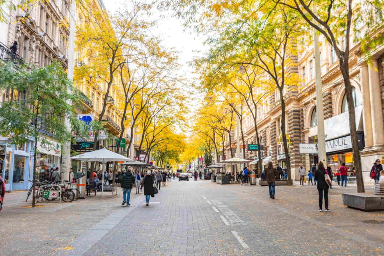 People walking down a city street in autumn.