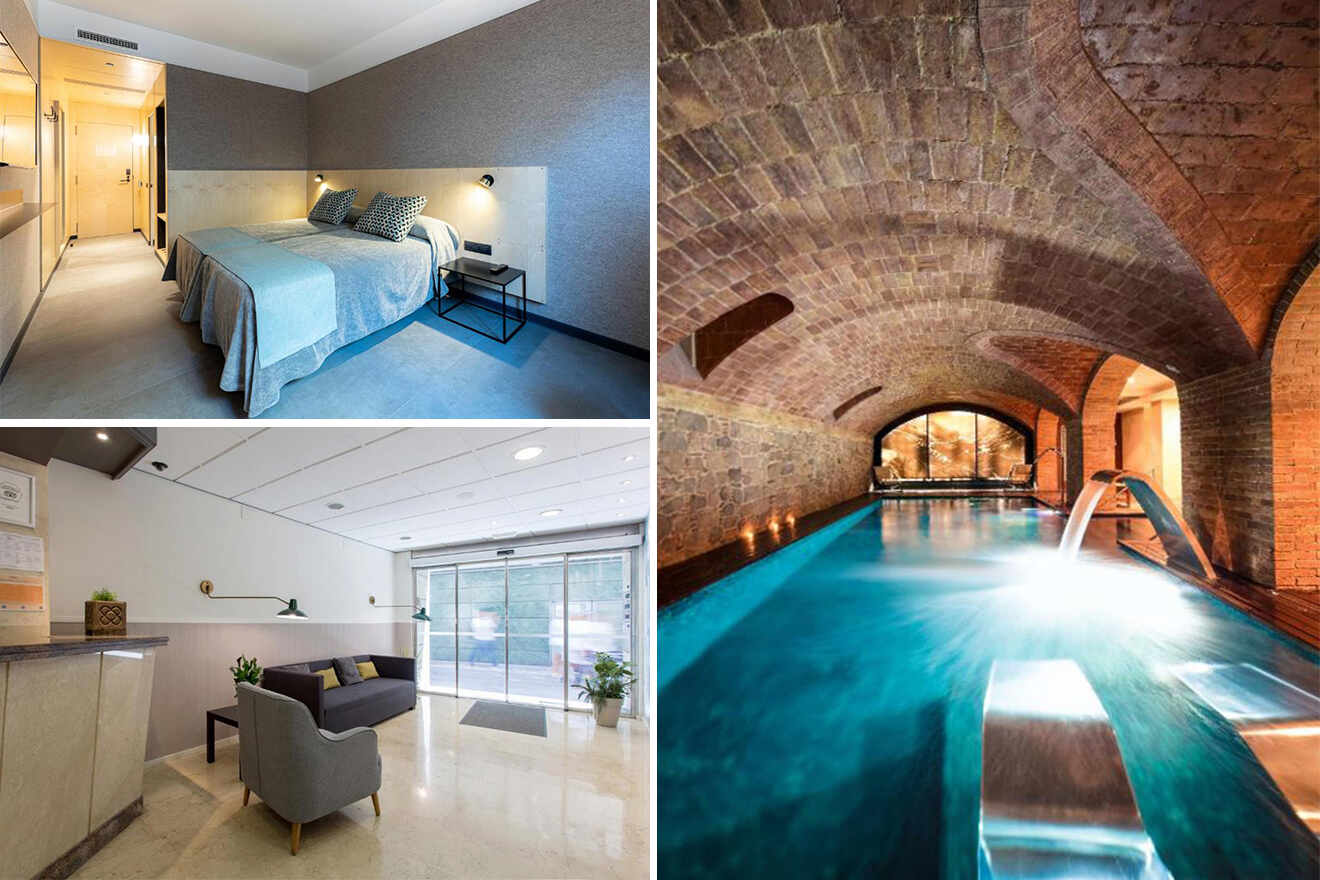 collage of 3 images with: hotel hall with reception, bedroom and pool in the grotto