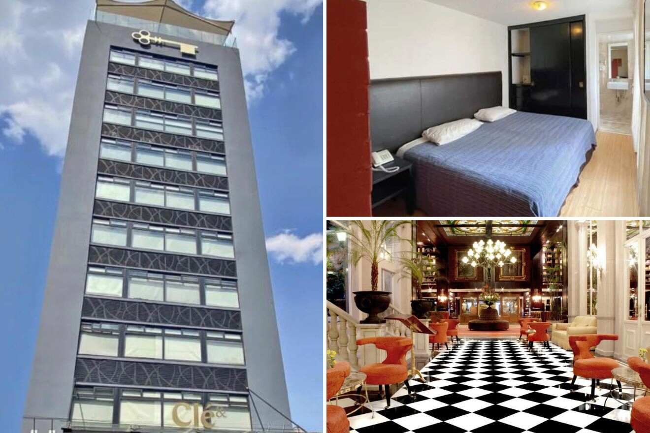 A collage of three photos of hotels to stay in Juarez, Mexico City: hotel exterior, hotel bedroom, and hotel lounge area