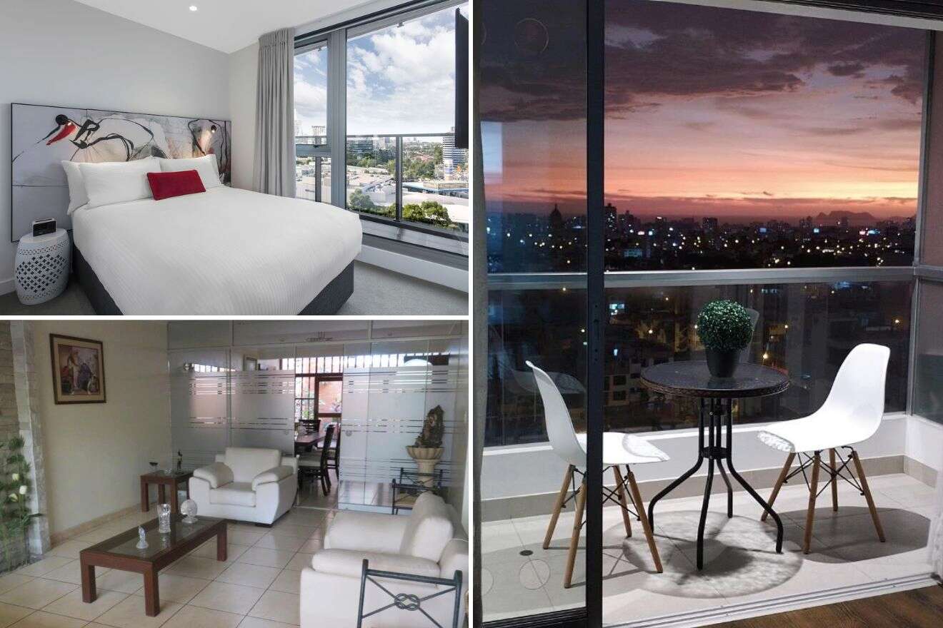 a collage of three photos of hotels in pueblo libre : bedroom, living room, and balcony with a view