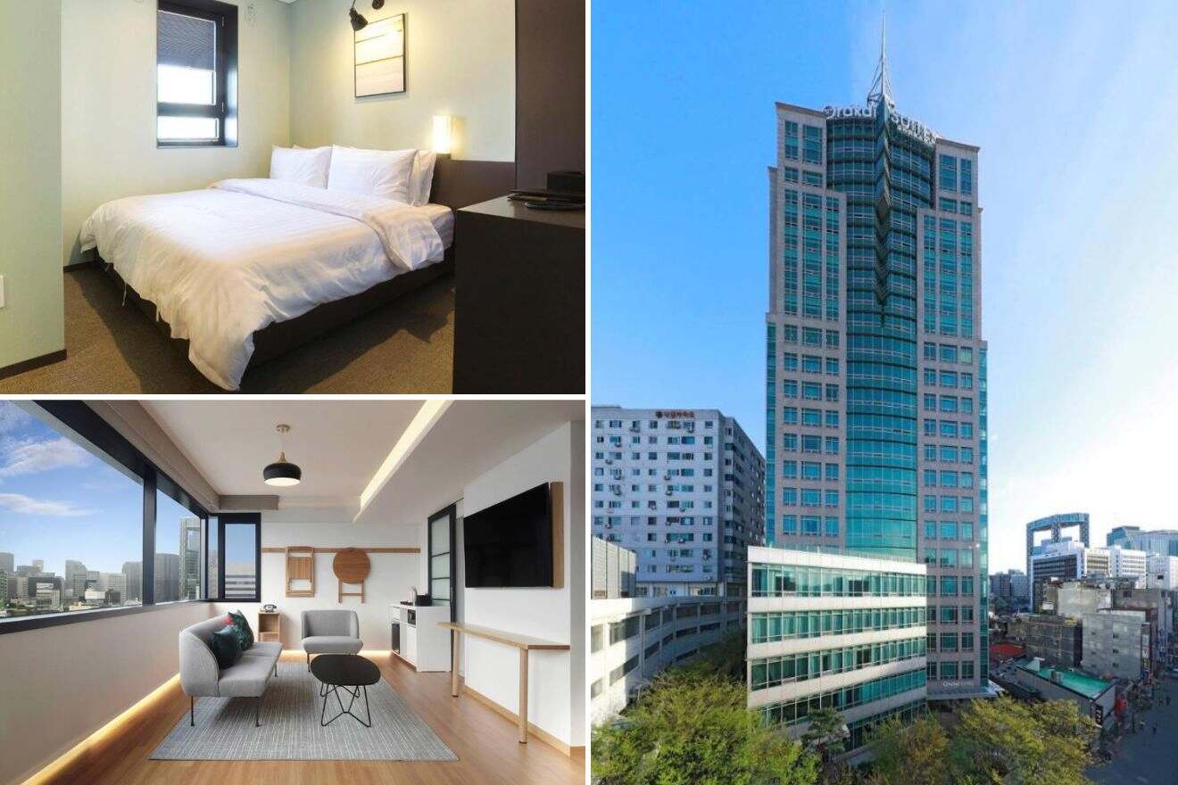 A collage of three photos of hotels to stay in Insadong, Seoul: hotel bedroom, living room, and hotel exterior