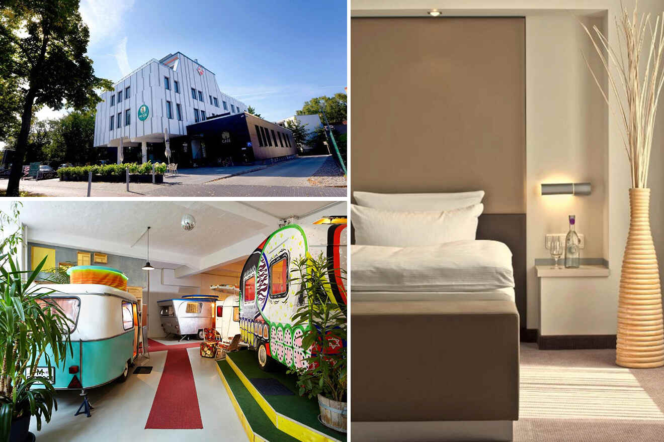 collage of 3 Berlin accommodations images with: bedroom, exterior of the hotel and car campers in the hall