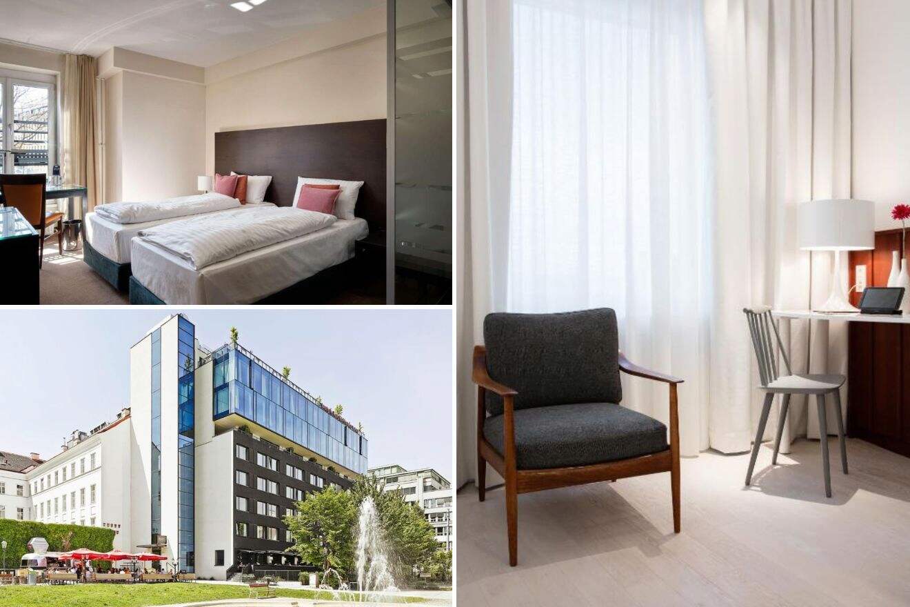 a collage of three hotel photos: bedroom, hotel exterior, and seating area