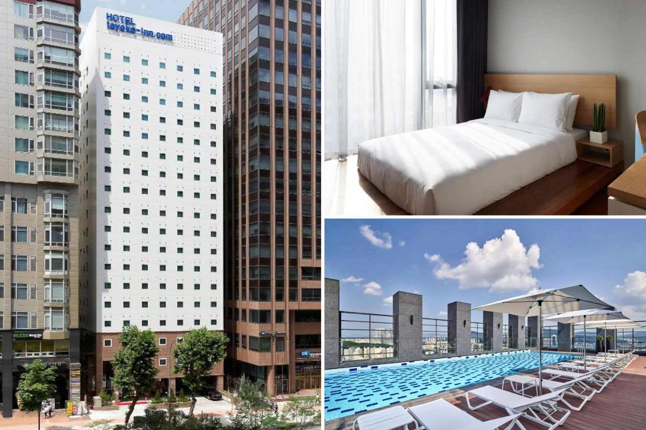 A collage of three photos of hotels to stay in Seocho, Seoul: hotel exterior, hotel bedroom, and rooftop outdoor pool
