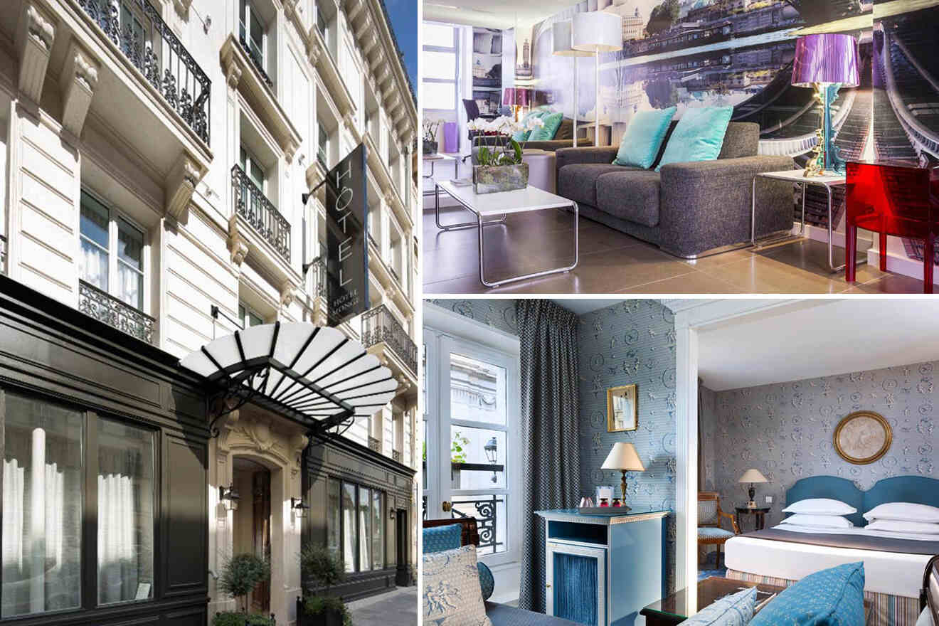 collage of 3 hotel images in paris with: bedroom, lounge zone and exterior of the hotel