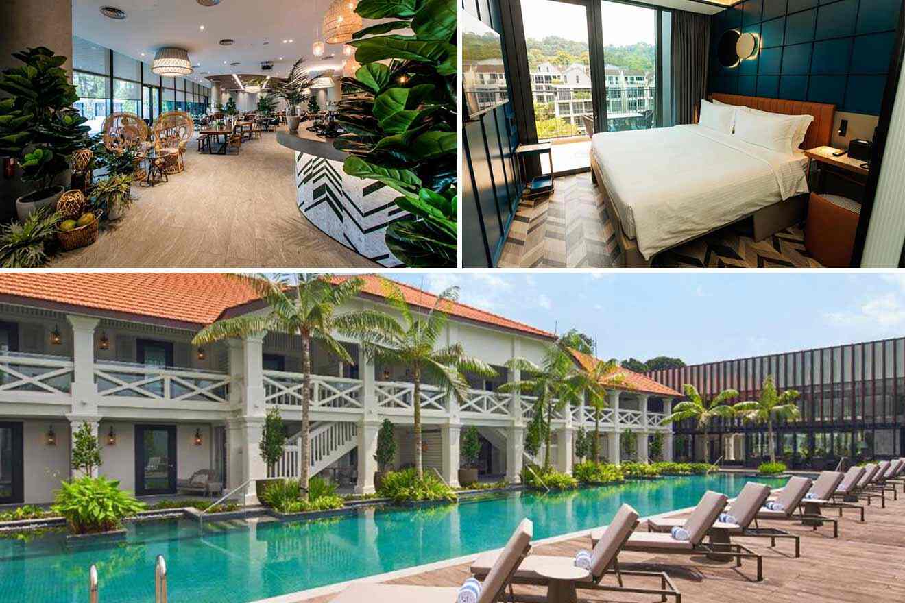 collage of 3 images with: bedroom, pool and lounge zone