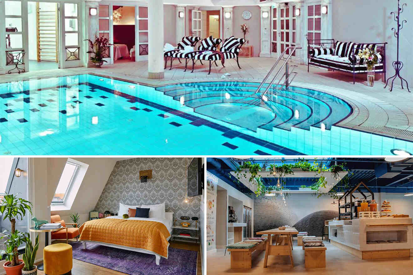 collage of 3 Berlin hotel images with: swimming pool, dining area and bedroom
