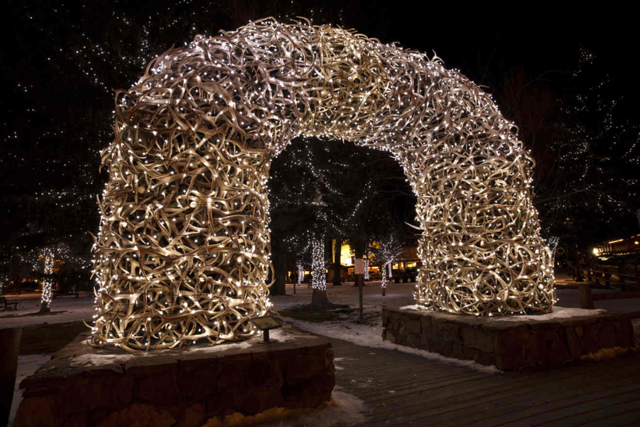 a gate made of deer horns decorated with Christmas lights