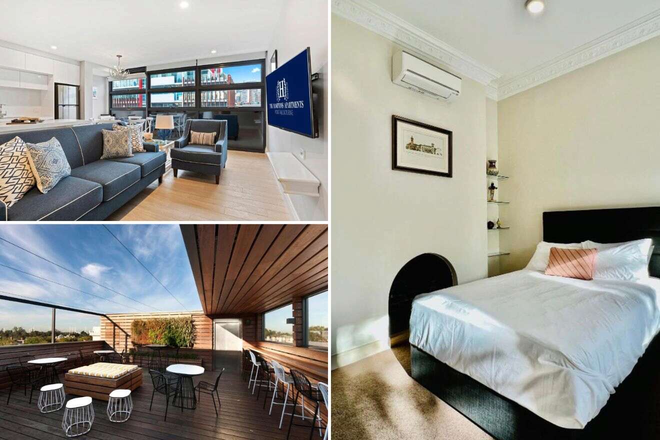 a collage of three hotel photos: living room, rooftop balcony, and bedroom