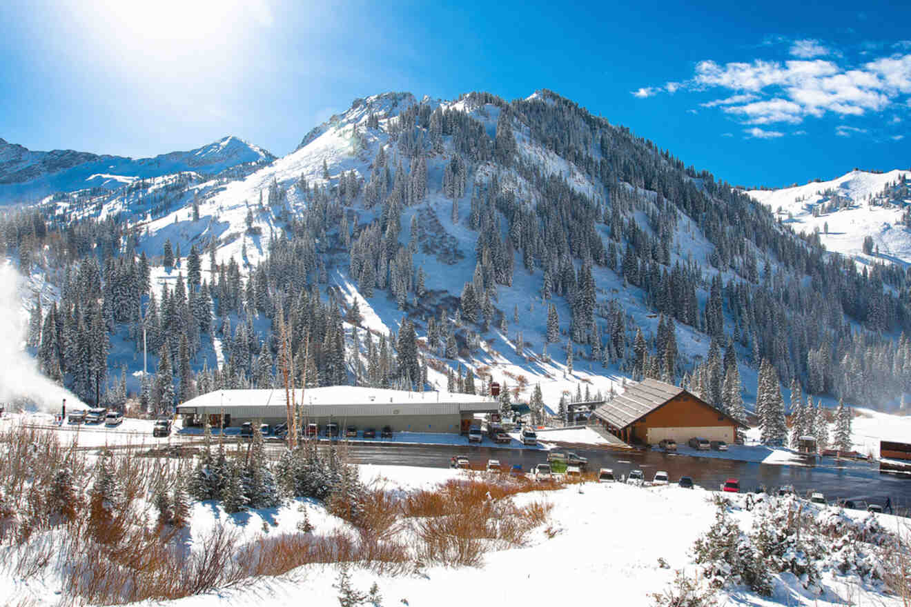 A ski resort with snow covered mountains