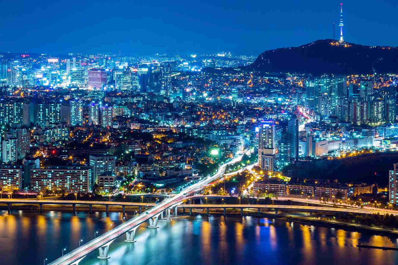 aerial view of the city of Seoul at night