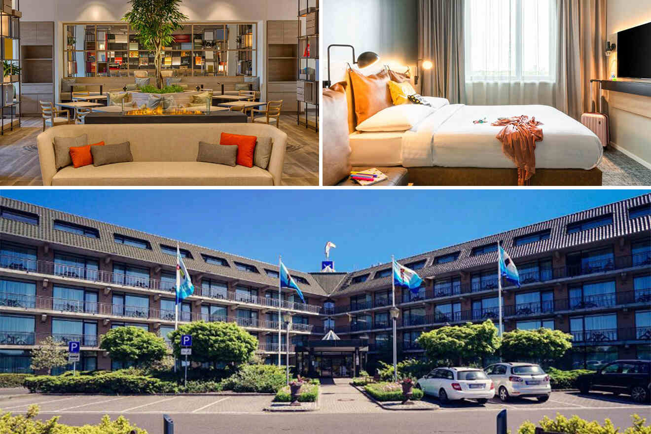 collage of 3 Berlin hotel images with: bedroom, lounge zone and exterier of the hotel