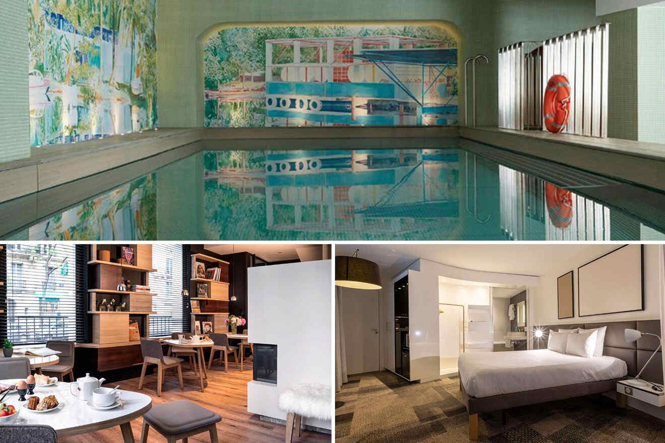collage of 3 paris hotel images with: bedroom, dinning area and pool