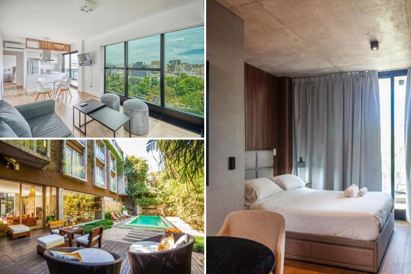 collage of three hotel photos: living room with a view, outdoor pool, and bedroom