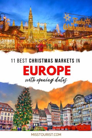 a collage of two photos of Christmas markets in Europe