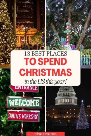 a collage of four photos with Christmas scenery in US cities