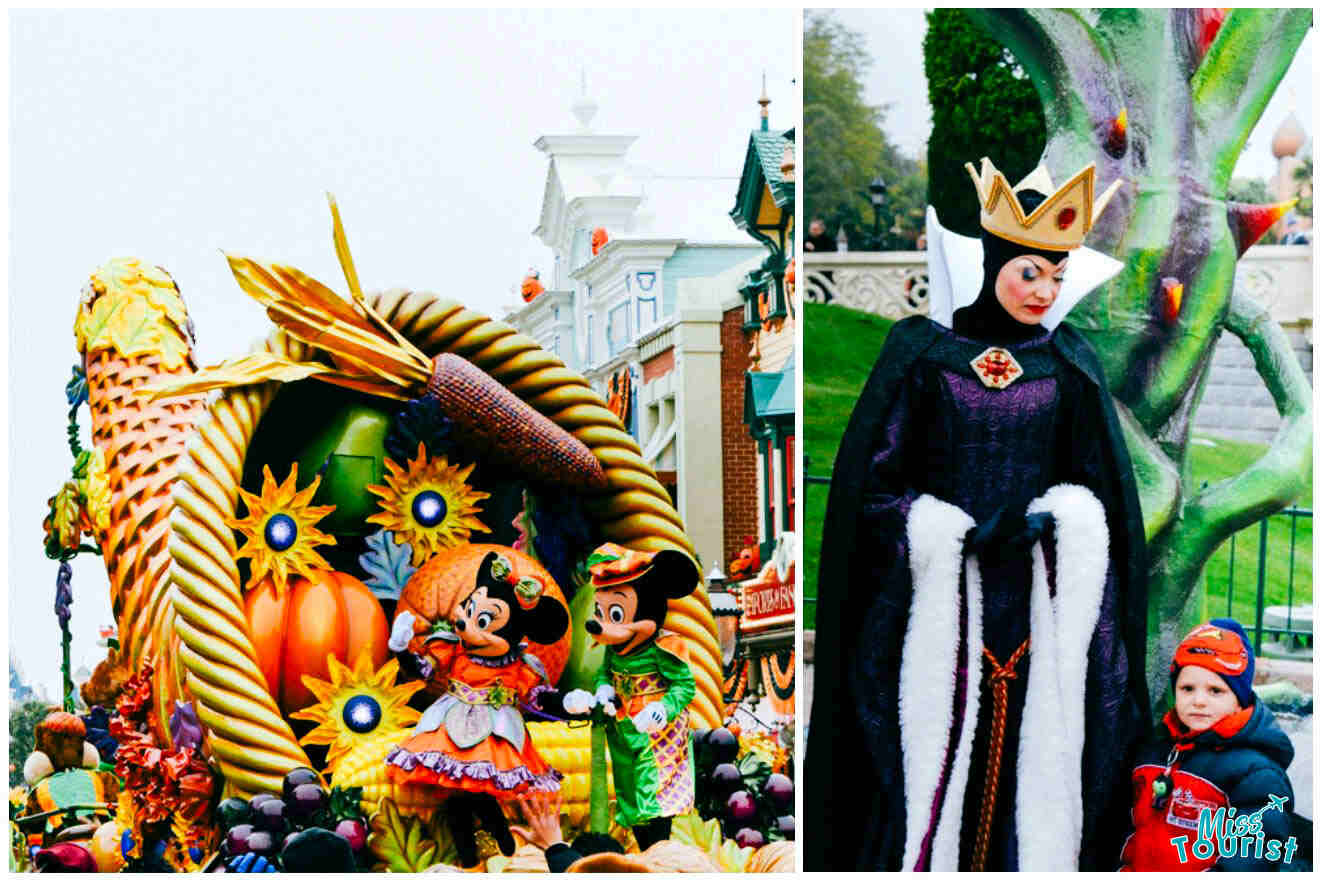 A collage of two photos: a Halloween parade with Mickey and Minnie mouse and a child standing next to a woman dressed as Snow White