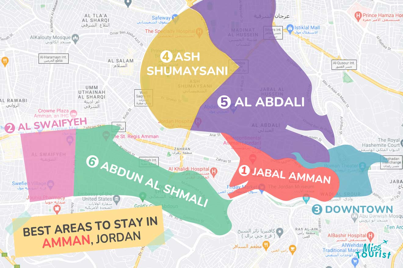 A colorful map highlighting the best areas to stay in Amman, with numbered locations and labels for easy navigation