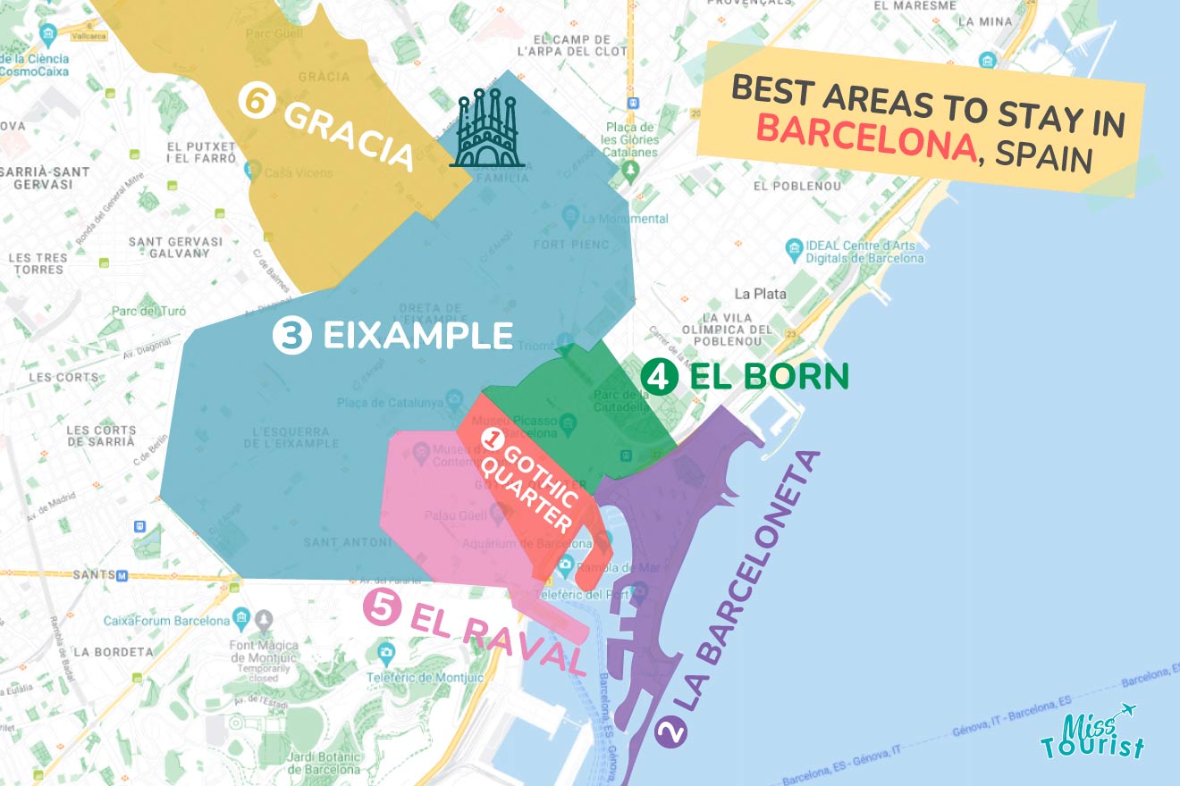 map of best areas to stay in barcelona spain.