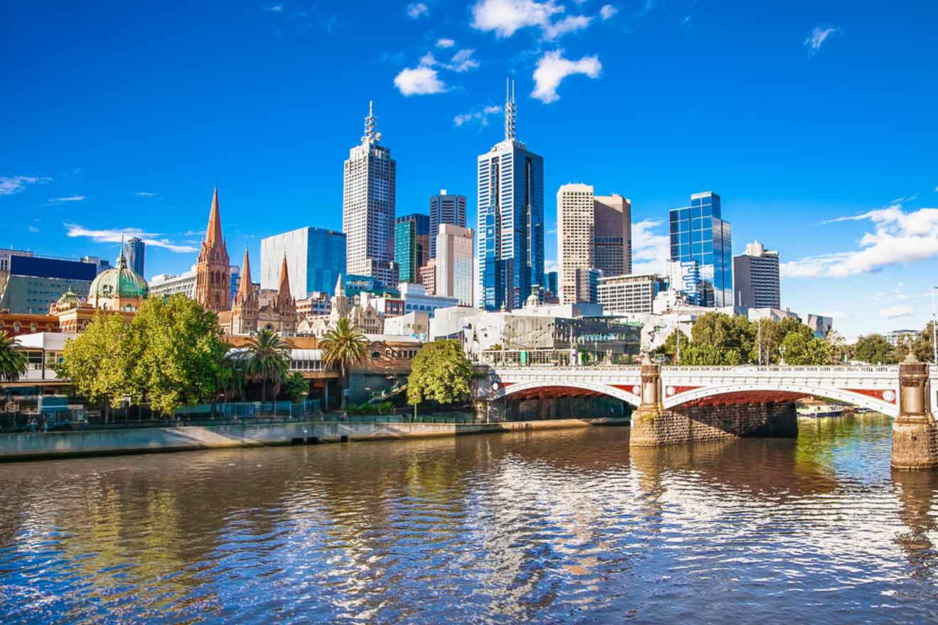 Melbourne skyline with yarra river and princes bridge on a sunny day.