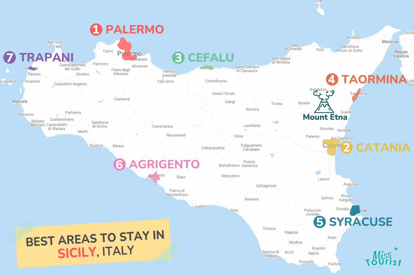 map of Sicily Italy with all the where to stay areas