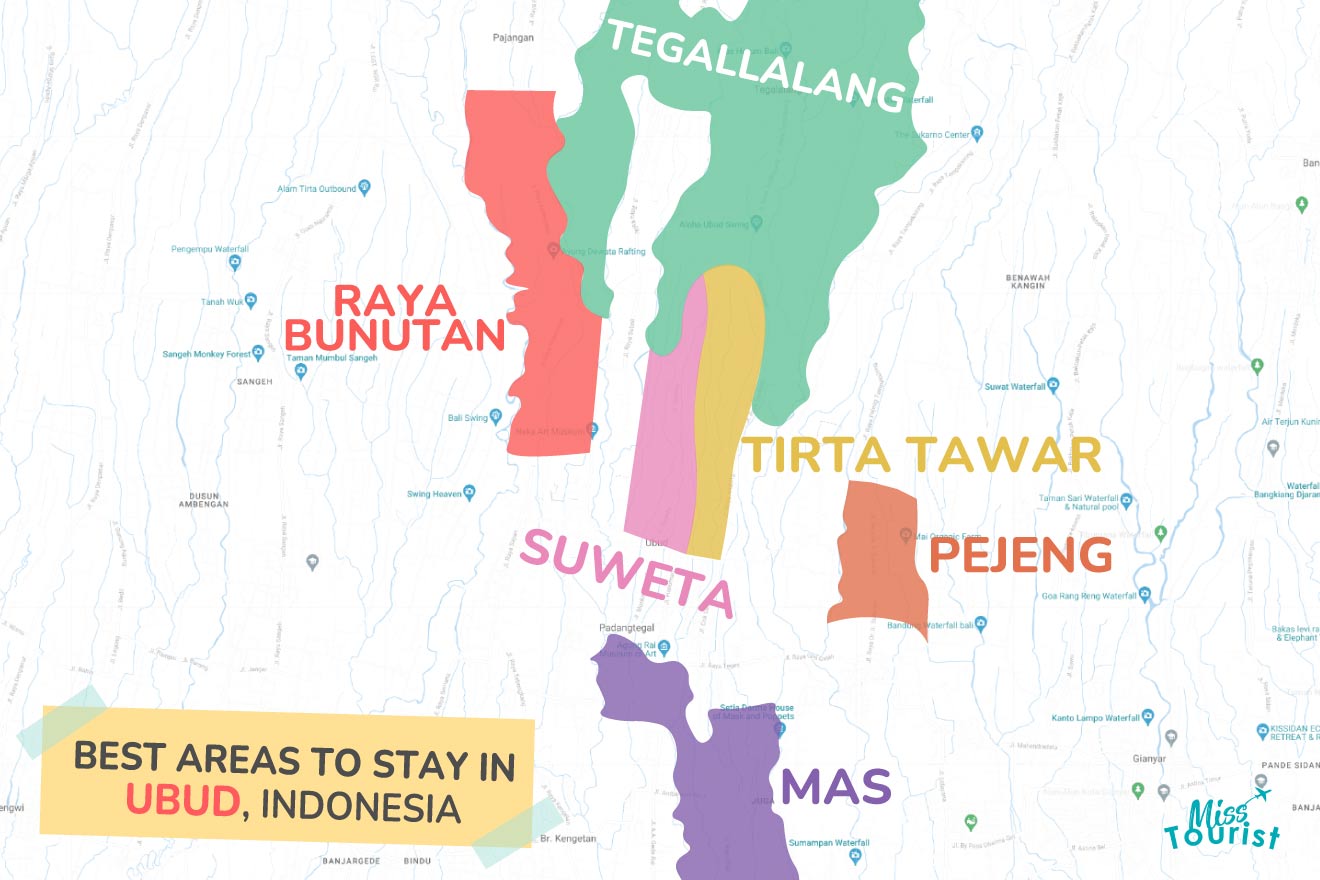 map of Ubud with all the areas to stay