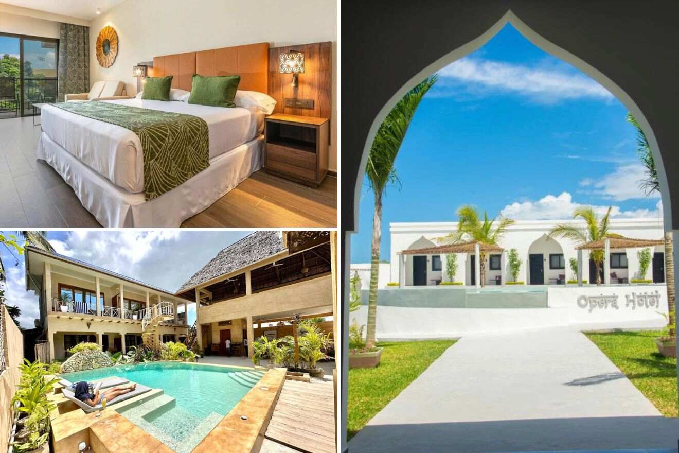 A collage of three photos of hotels to stay in Nungwi, Zanzibar: hotel bedroom, outdoor pool, and hotel exterior