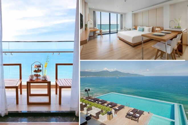 A collage of three photos of TMS Hotel Da Nang Beach highlighting the sea-view balcony breakfast area, an oceanfront room with large windows, and the infinity pool overlooking the coast