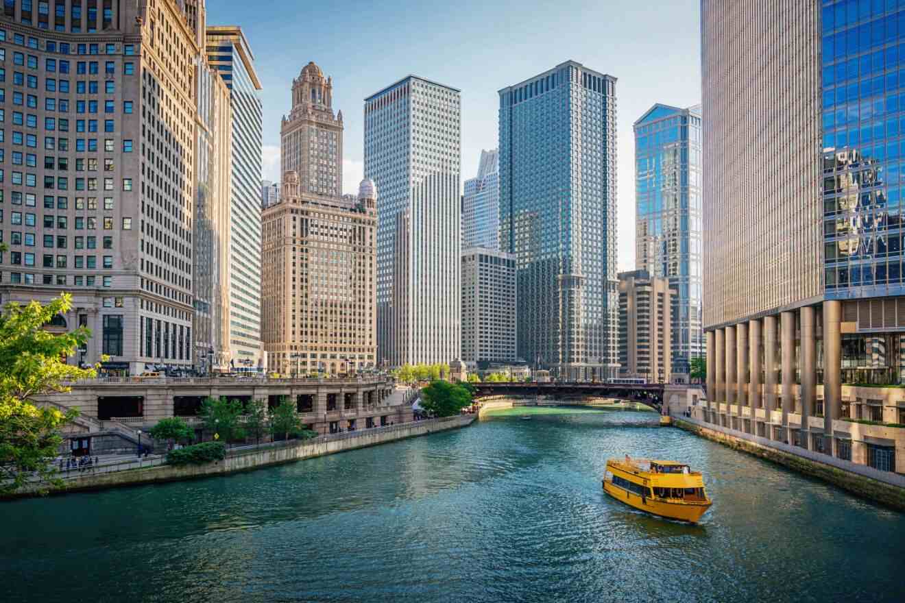 A yellow sightseeing boat cruising on the Chicago River flanked by towering skyscrapers and the city's famed architectural landscape
