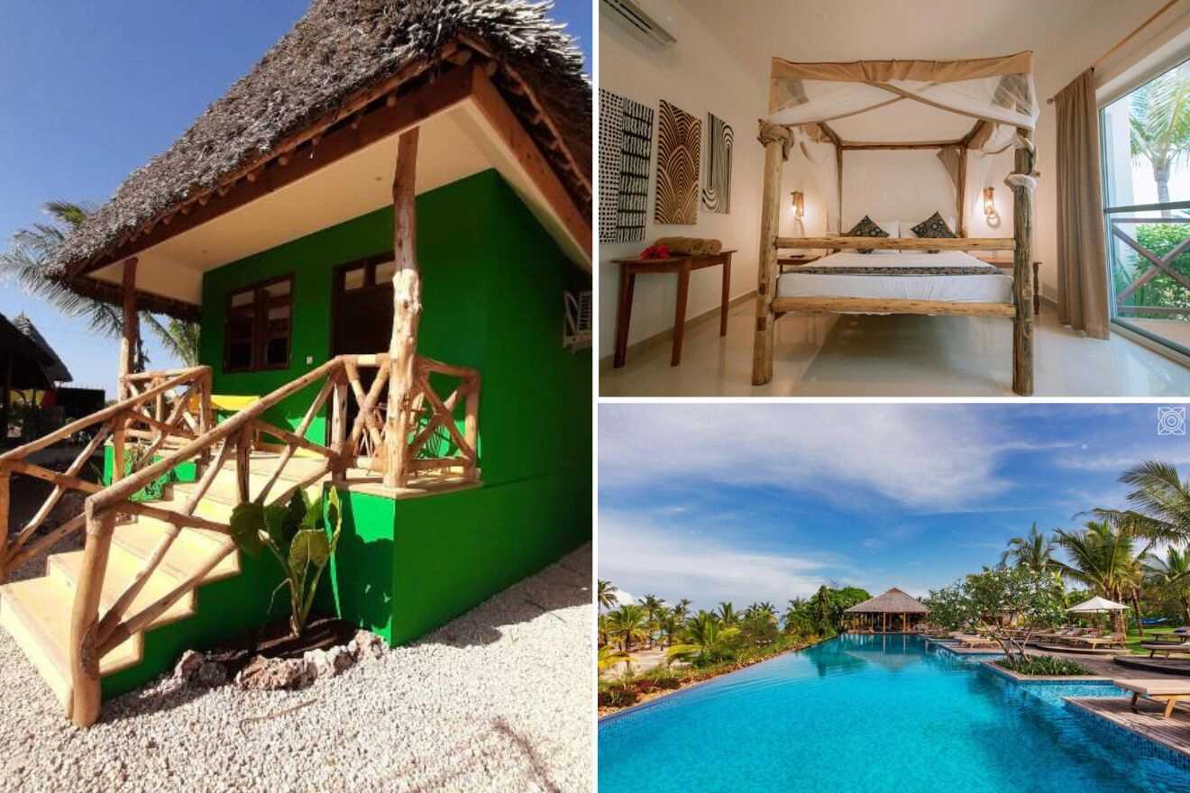 A collage of three photos of hotels to stay in Kendwa, Zanzibar: hut exterior, hut bedroom, and outdoor pool