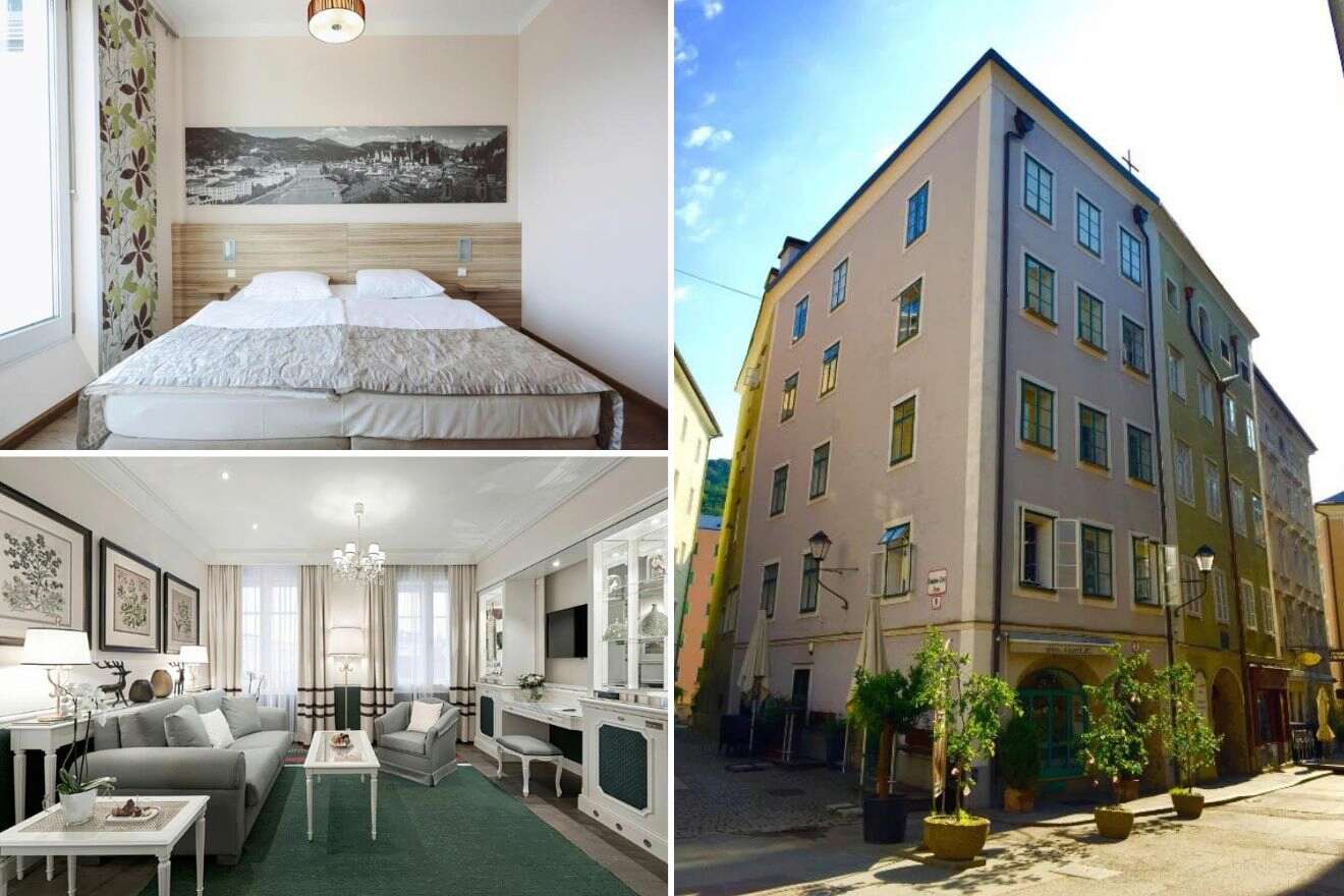 A collage of three photos of hotels to stay in Altstadt Old Town, Salzburg: a modern bedroom with a wall-sized cityscape print, an elegant white-themed living area with chic furniture and green carpet, and a traditional building facade with European architectural details