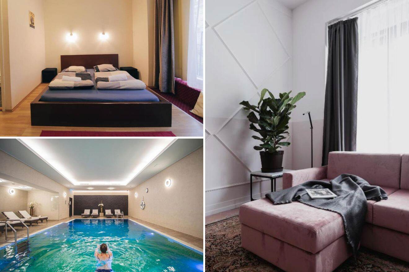 A collage of three photos of hotels to stay in Belvarot Lipotvaros District V, Budapest: hotel bedroom, indoor swimming pool, and in-room sofa