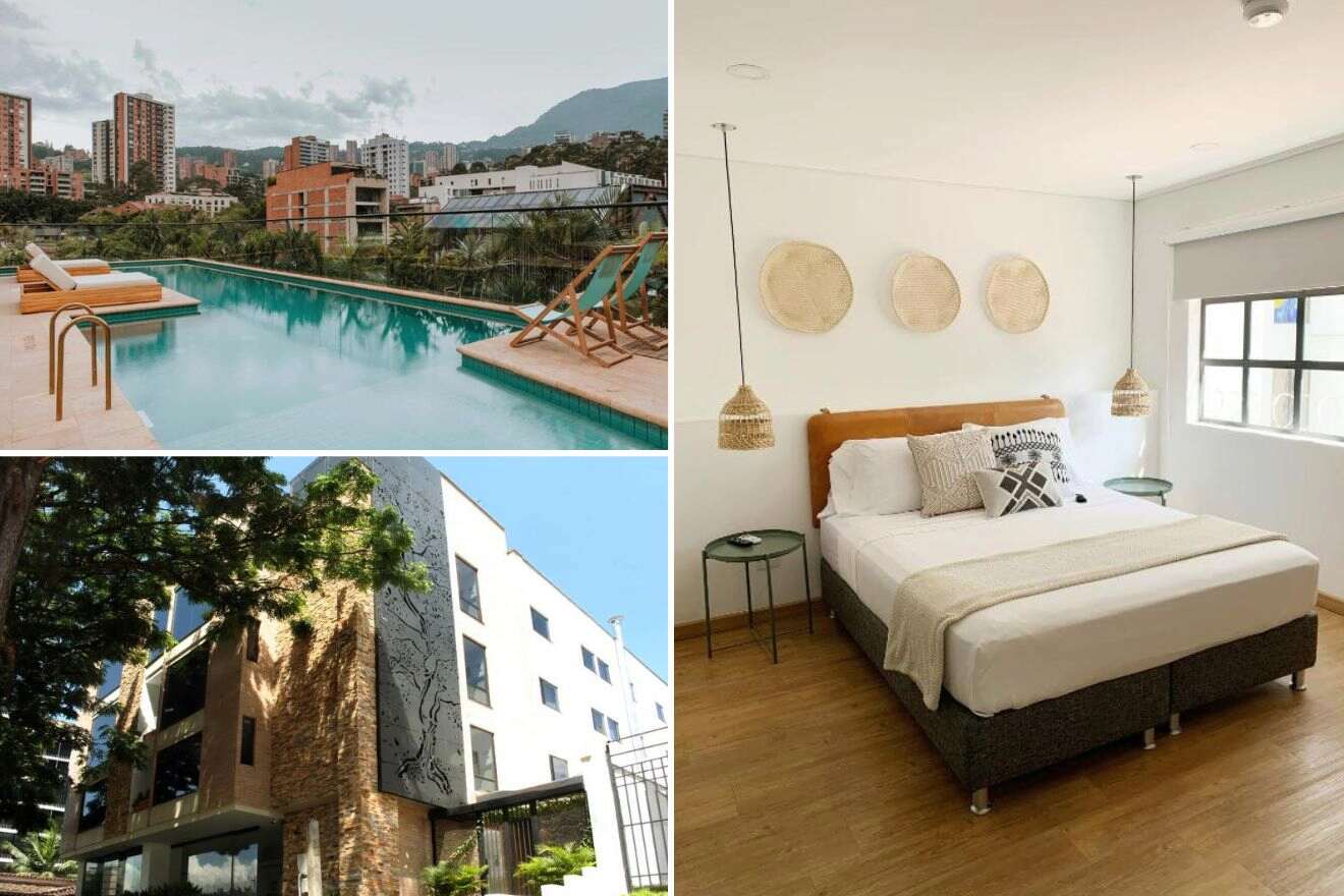 A collage of three photos of hotels to stay in El Poblado Medellin: An infinity pool with a city view, a chic bedroom with minimalist decor and a view of the hotel's exterior