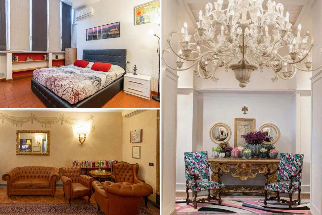A collage of three hotel photos to stay in Florence Cathedral & Piazza della Signoria: A cozy bedroom with vibrant red accents, an ornate white chandelier in a classic interior, and a traditional living area with plush seating and decorative woodwork