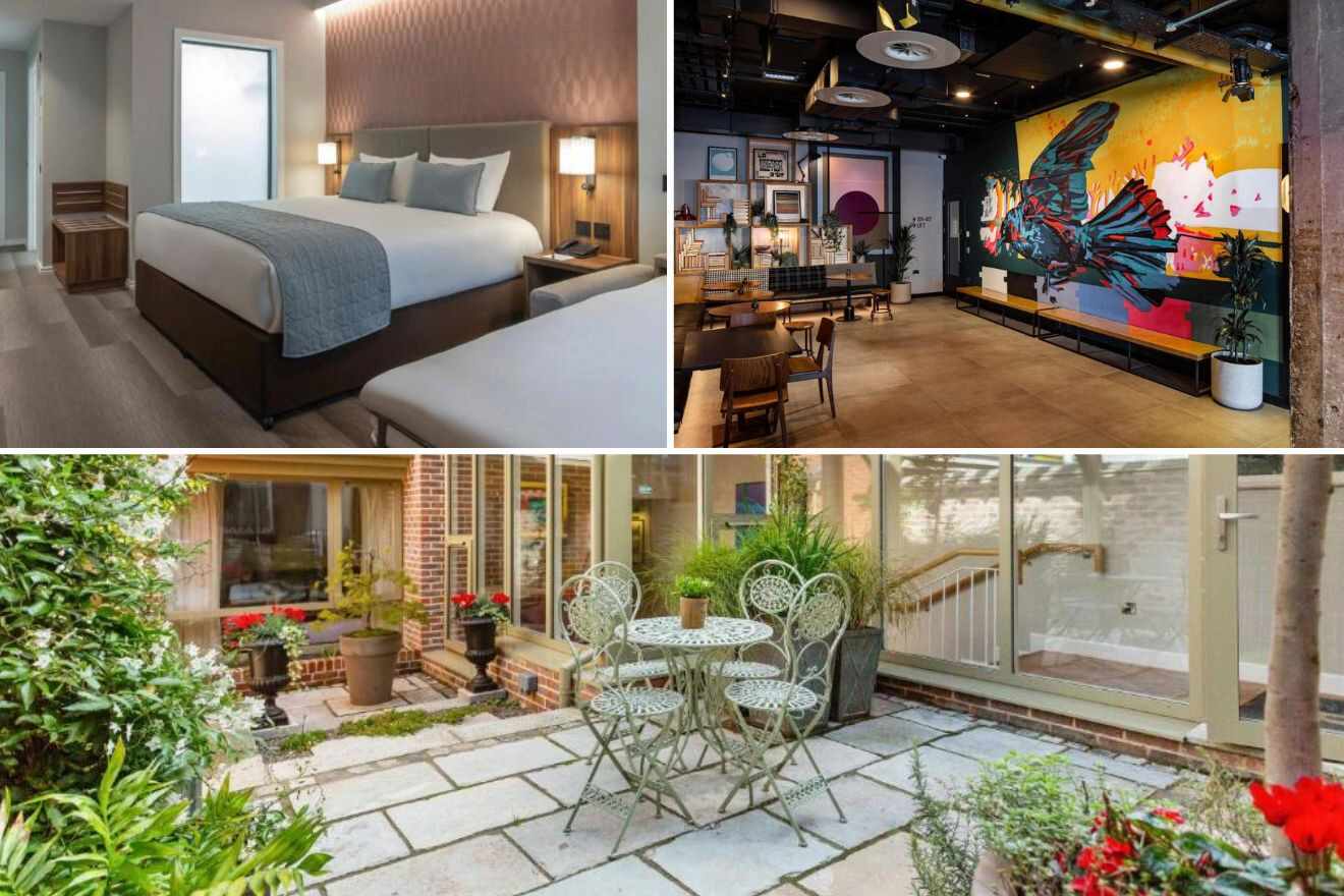 A collage of three photos of hotels to stay in O'Connell Street, Dublin: a modern bedroom with a plush bed and neutral tones, a trendy lobby with artistic wall murals, and a serene outdoor patio with white wrought-iron furniture surrounded by lush greenery.