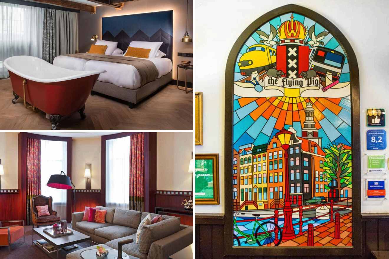 A collage of three photos of hotels to stay in Old-Centrum, Amsterdam: a chic room with a large bed and a unique red claw-foot bathtub, an elegant living room area with a plush sofa, armchair, and a coffee table, and a colorful stained glass window with a depiction of Amsterdam’s urban landscape and the text "the flying pig"