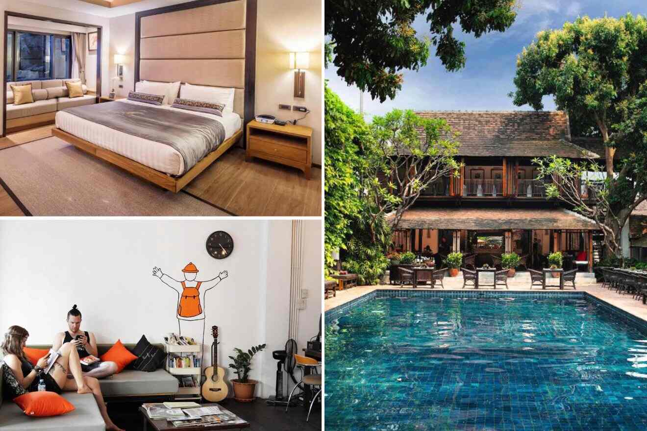 A collage of three photos of hotels to stay in Old City, Chiang Mai: a modern, spacious bedroom with a large bed and seating area, a social hostel lounge with a wall mural and guests relaxing, and an inviting hotel pool surrounded by traditional Thai architecture and lush greenery.