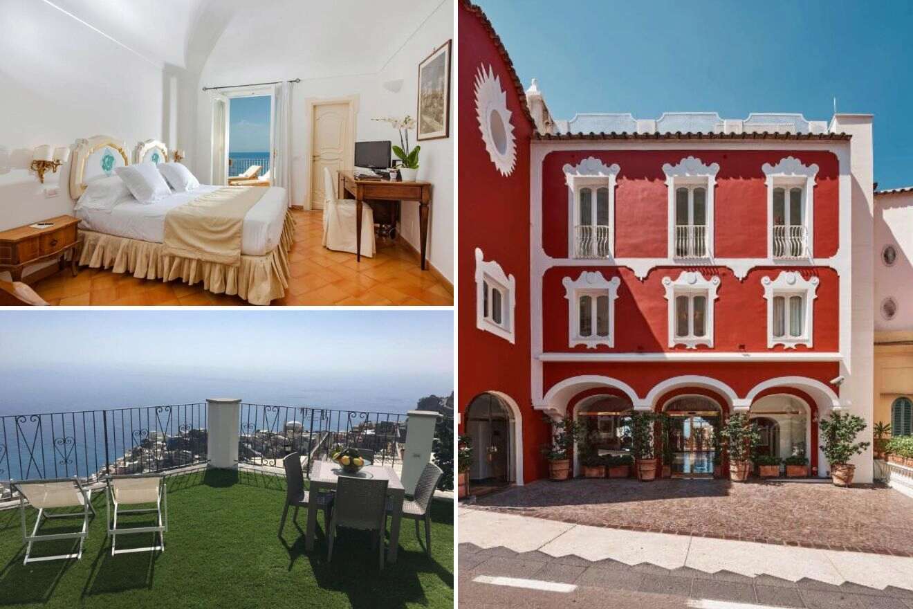 A collage of three photos of hotels to stay in Positano, Amalfi Coast, Italy: hotel bedroom, hotel balcony with a view, and hotel exterior