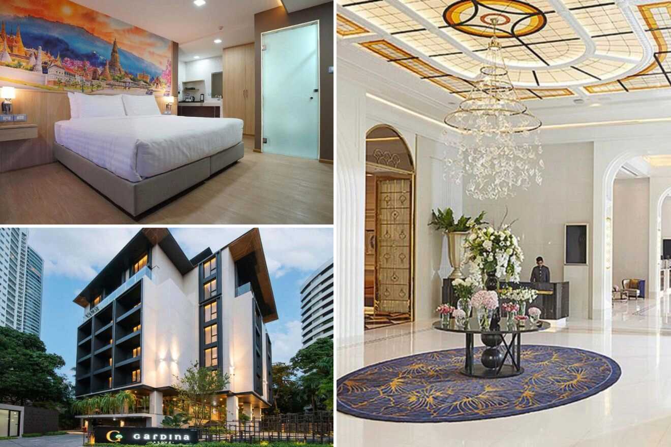 A collage of three photos of hotels to stay in Sukhumvit, Bangkok: a contemporary bedroom with a large mural of Thai landmarks, a hotel lobby with an intricate chandelier and a refined decor, and modern architecture of a hotel facade with sharp lines and ambient lighting