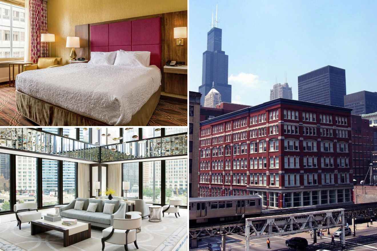 A collage of three photos of hotels to stay in The Loop, or Downtown Chicago: a luxurious bedroom with a plush bed and vibrant headboard, a spacious living room with a large window overlooking the city, and the classic architecture of a red brick hotel building