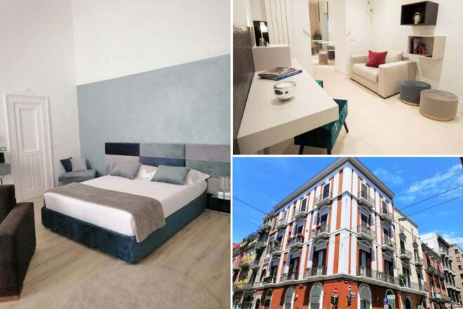 A collage of three pictures of Palazzo Calò: a modern bedroom with a plush blue bed and contrasting white walls, a cozy living area with a white sofa and red accents, and the vibrant exterior of a classic corner building with ornate balconies