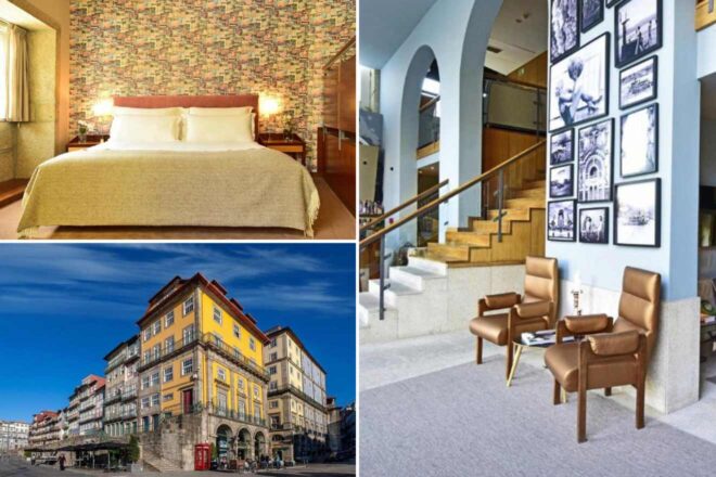 A collage of three photos of hotels to stay in Porto: a bedroom with a unique multicolored tile wall, a sophisticated hotel lobby adorned with black and white photographs, and a vibrant street view of traditional Portuguese architecture