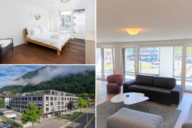 A collage of three hotel photos to stay in Interlaken: a minimalist bedroom with a balcony and city view, a foggy mountain vista behind a modern building, and a comfortable lounge with expansive windows overlooking a busy street