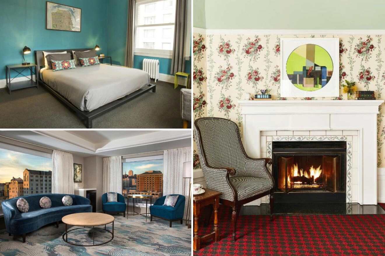 A collage of three photos of hotels to stay in Union Square, San Francisco for families: featuring a cozy bedroom with blue walls and a comfortable bed, a welcoming living space with floral wallpaper and a traditional fireplace, and a stylish sitting area with plush blue sofas and a city view