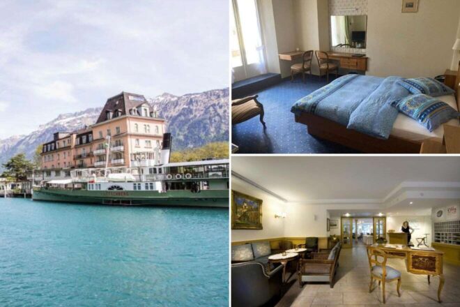A collage of three hotel photos to stay in Interlaken: a historic lakeside hotel with a steamboat docked in front, a simple, sunlit room with a classic design, and a spacious, elegant lobby with seating areas and a reception desk
