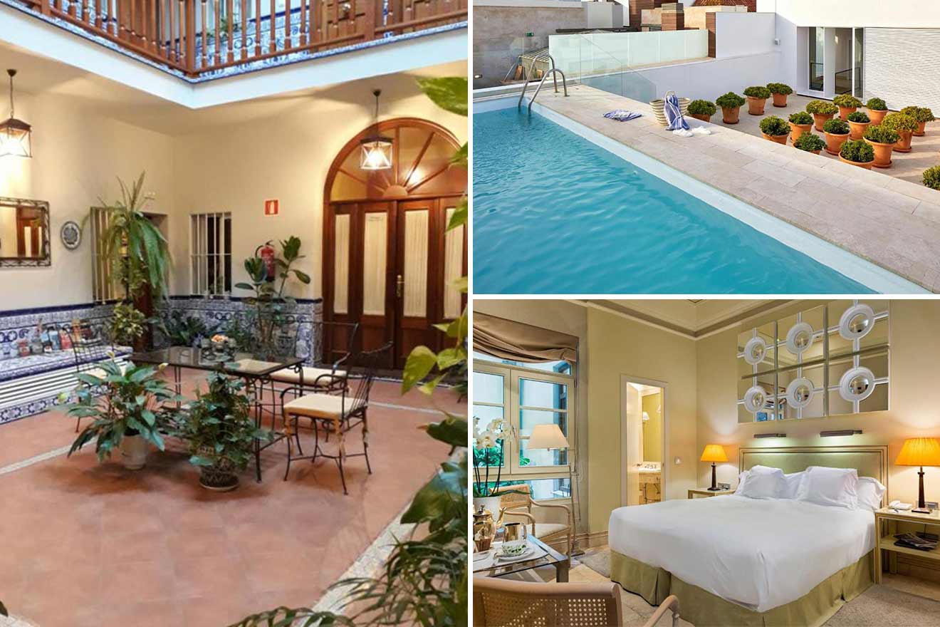 A collage of three photos of hotels to stay in Santa Cruz, Seville: a traditional Andalusian patio with ornate tiling and lush plants, a narrow outdoor pool lined with potted plants and a hotel room with a large bed, elegant lighting, and a warm color palette