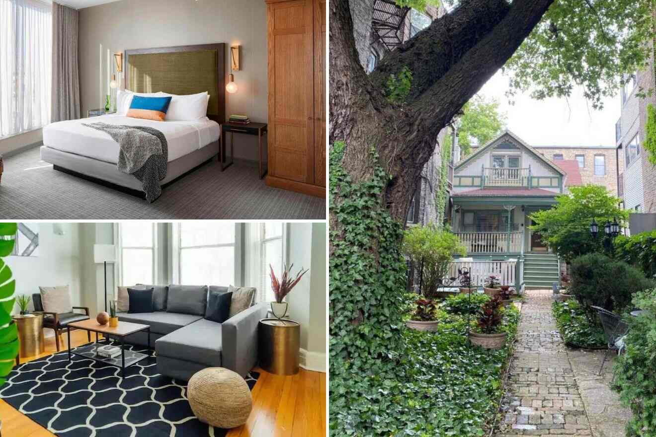 A collage of three photos of hotels to stay in Boystown/Lakeview, Chicago: a serene bedroom with vibrant pillows and hardwood floor, a living room with a large gray sectional sofa and abstract rug, and a lush garden pathway leading to a charming green house with a porch