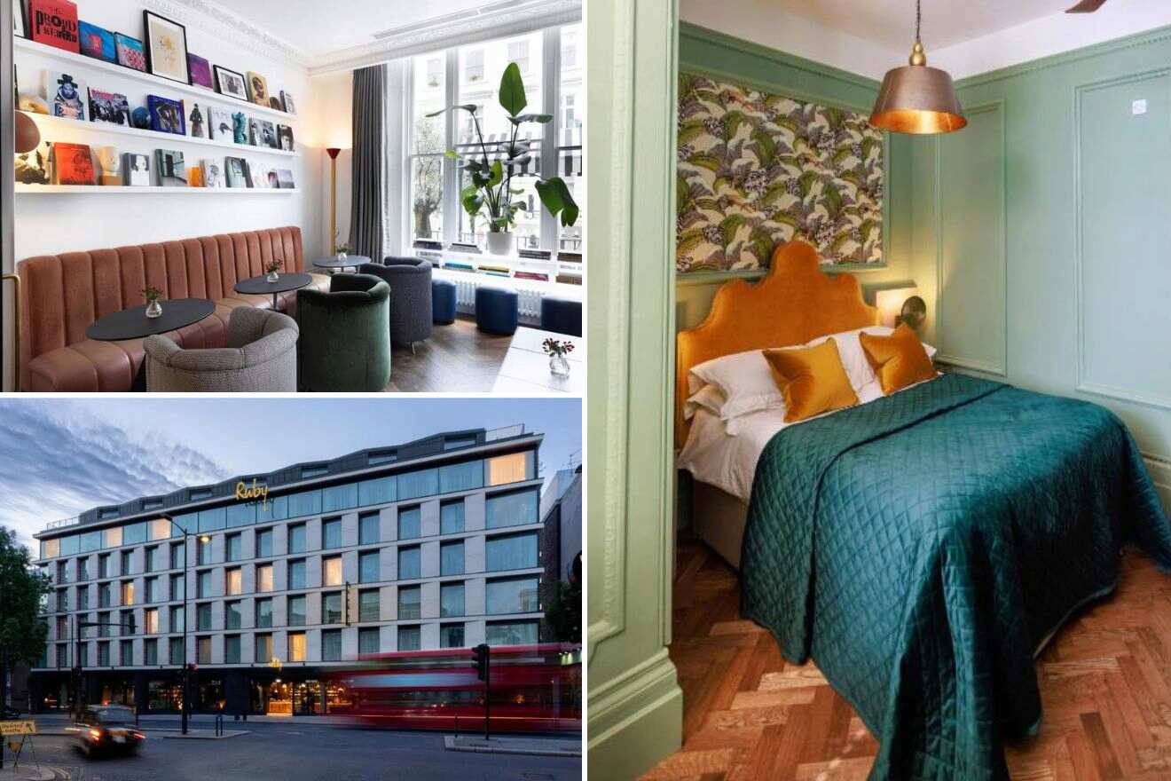 A collage of three photos of hotels to stay in Notting Hill, London: a lounge with a brown leather sofa and bookshelves filled with colorful covers, a bedroom with a bold orange headboard and green bedspread, and the contemporary exterior of a hotel at dusk with warm lighting.